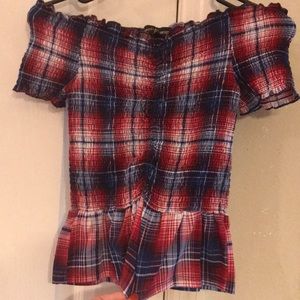 red white & blue plaid off the shoulder tube top